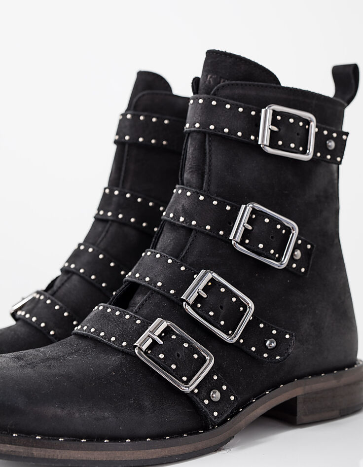 Women&rsquo;s black 4-buckle and studs leather combat boots-4
