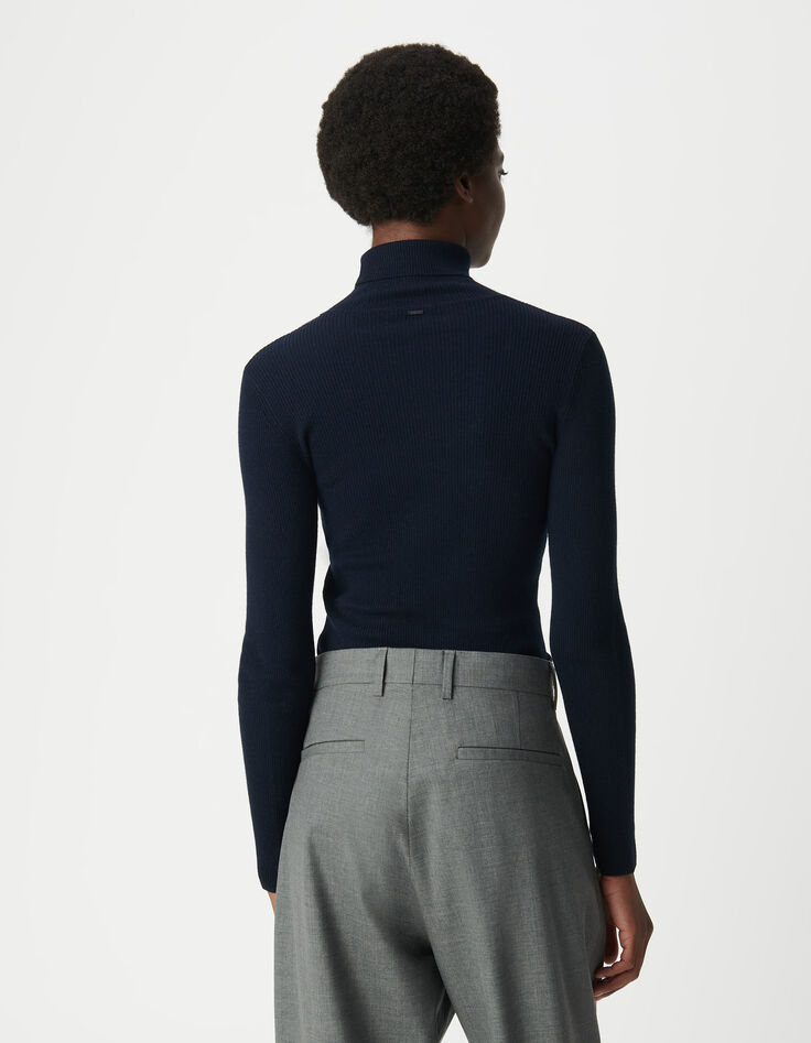 Jersey de cuello alto de canalé negro para mujer-3