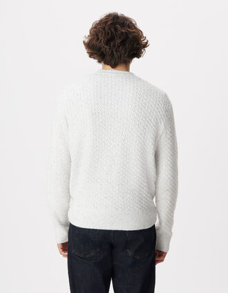 Men's White Marled Round-Neck Knit Sweater with Cables