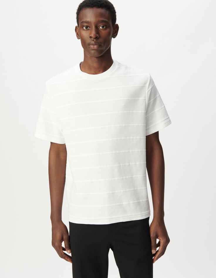 T-shirt manches courtes blanc jacquard rayures Homme-1 T-shirt manches courtes blanc jacquard rayures Homme-1