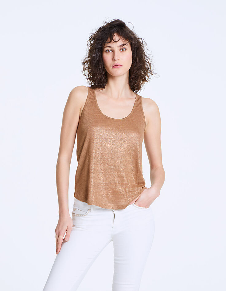 Débardeur camel encolure U en lin brillance foil femme-2
