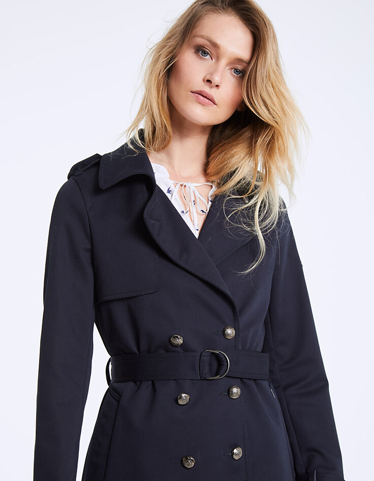 Trench largo marino de gabardina de algodón mujer-4