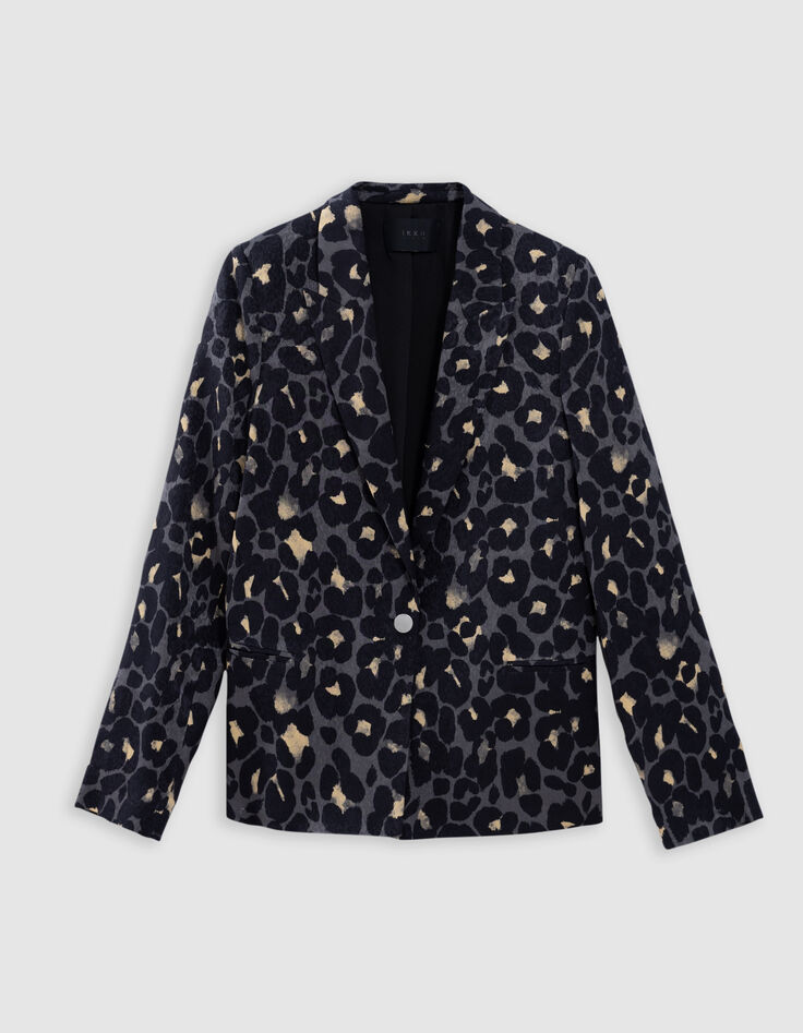 Americana azul marino con estampado animal para mujer-6