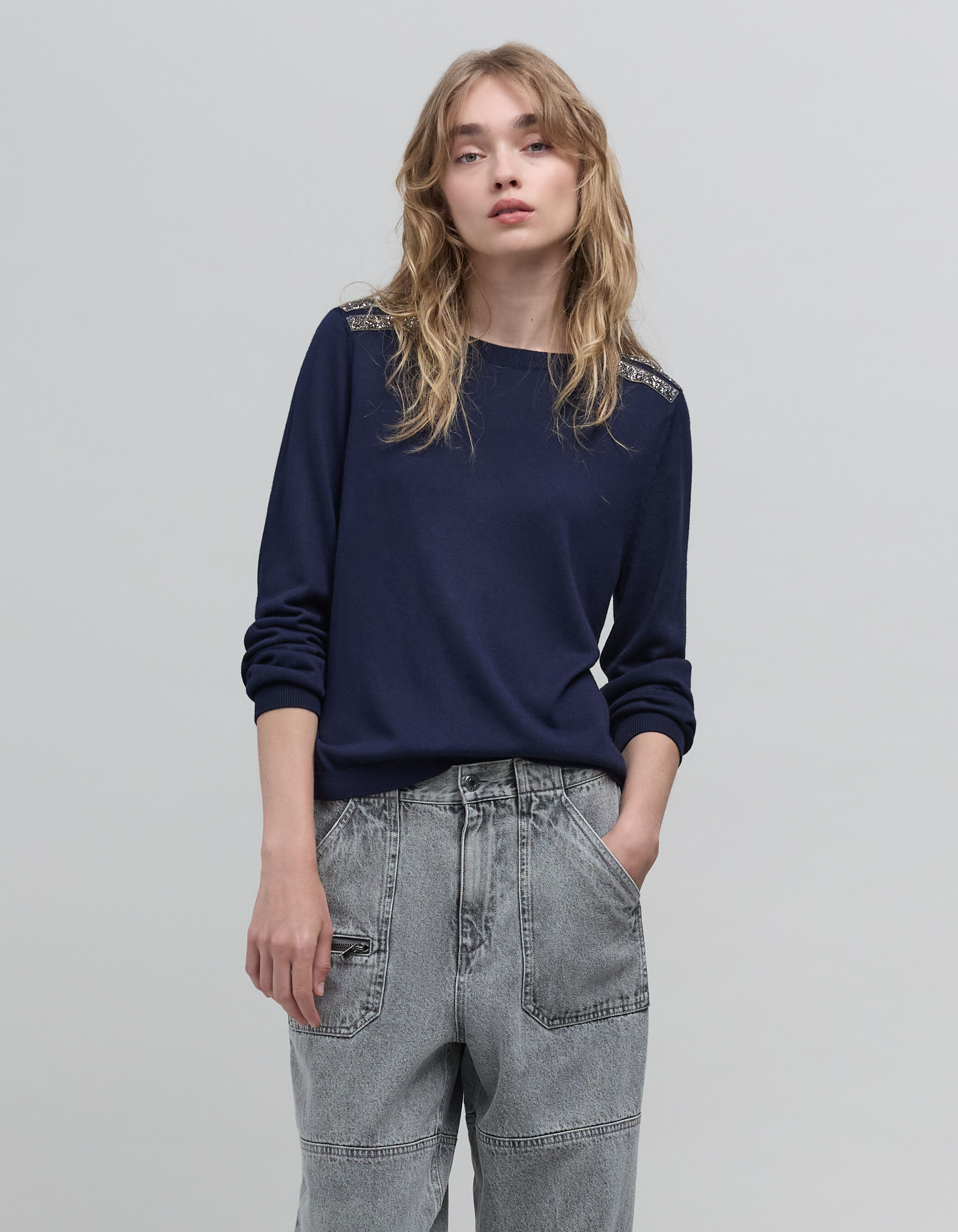 Pull marine tricot decor broderies perles Femme IKKS