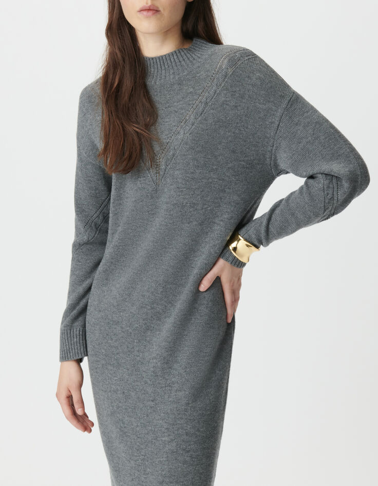 Graues Damenpulloverkleid mit Zopfstrick-4
