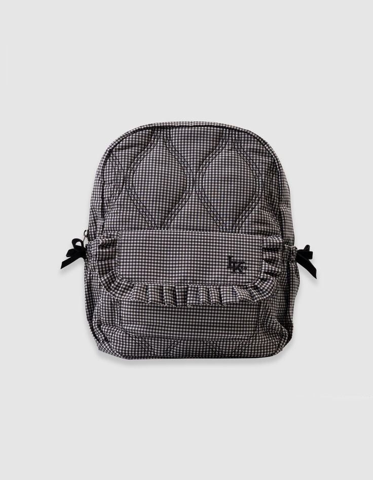 Girls’ black rucksack with ecru gingham, ruffled details-3