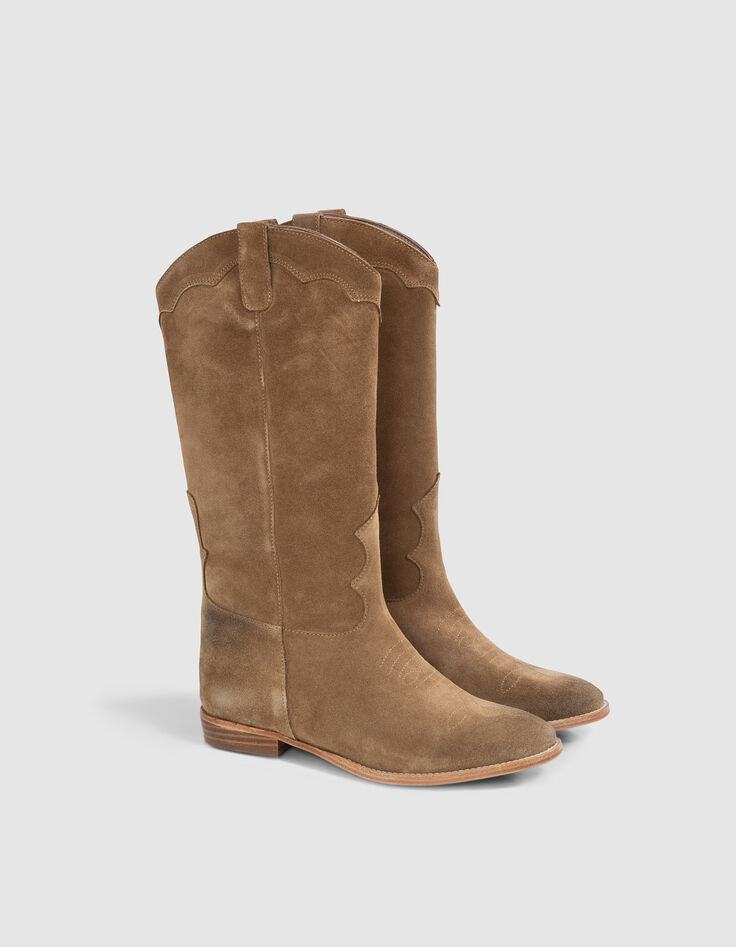 Botas western de ante camel con costura de mujer-5