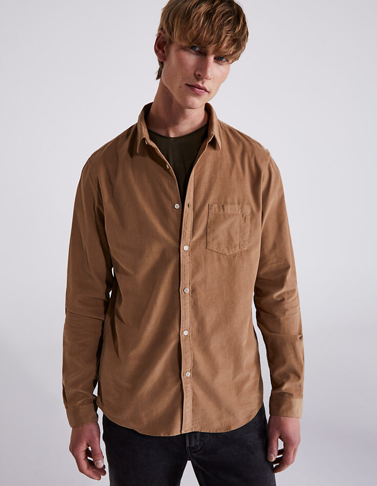 Chemise SLIM beige foncé velours milleraies Homme-4