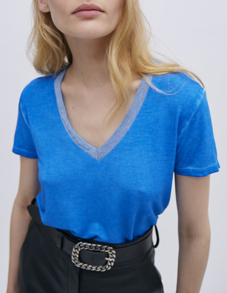 Top bleu bi matière encolure bords-côtes rayés Femme-4