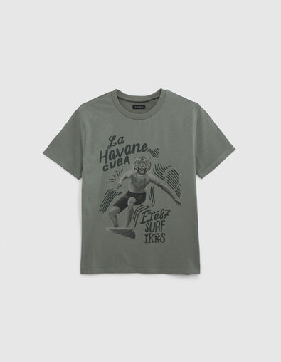 Boys’ khaki T-shirt with tiger-surfer image - IKKS