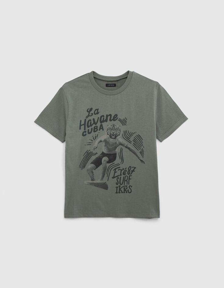 Boys’ khaki T-shirt with tiger-surfer image-1