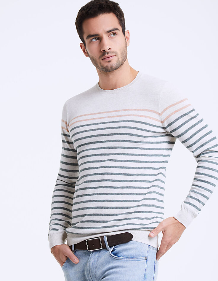 Pull marinière à rayures kaki et mandarine Homme-1