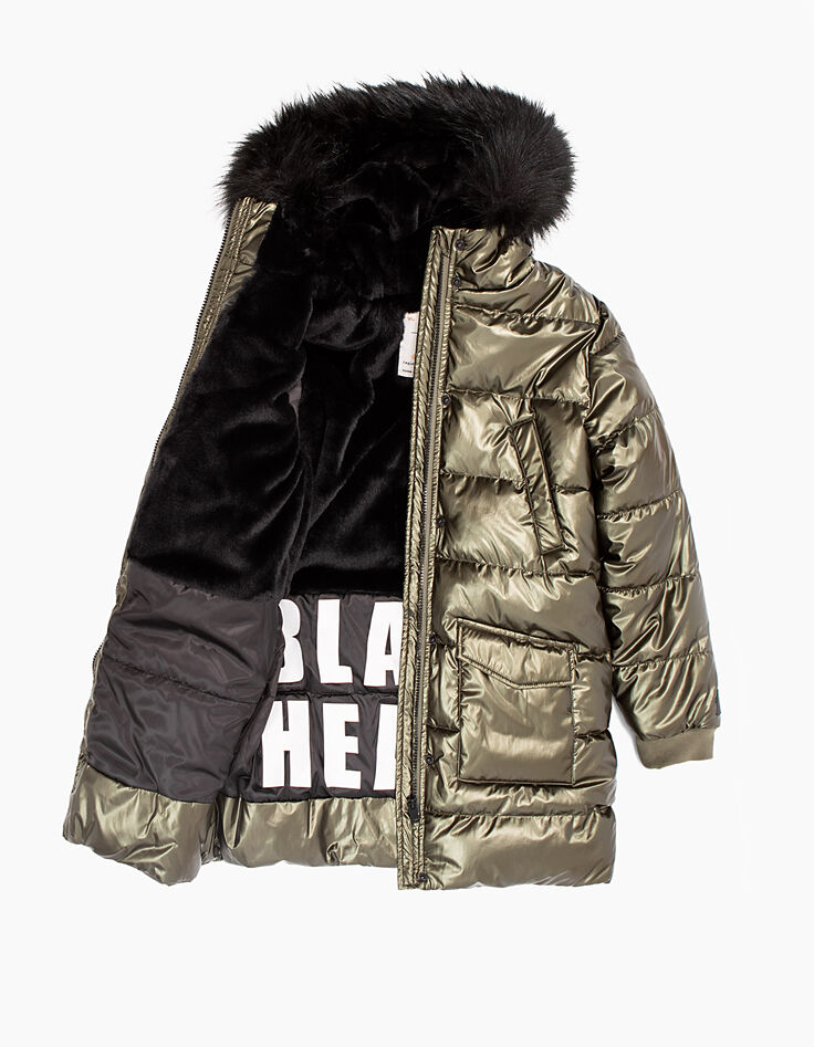 Girls’ khaki metallic-look long padded jacket-4