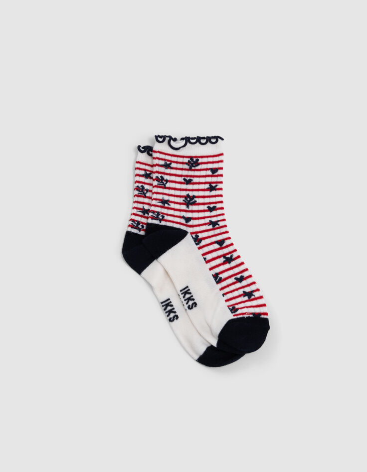Ecru,rosa, rote und marinefarbene Mädchensocken-4
