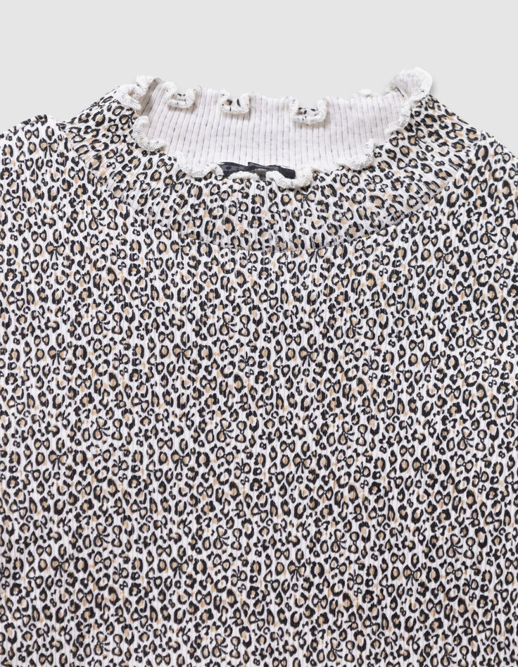 Beige T-shirt opstaande kraag luipaardstrikjes meisjes-5