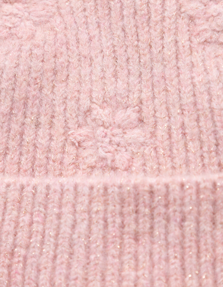 Bonnet rose tricot pailleté brodé fleurs fille-5