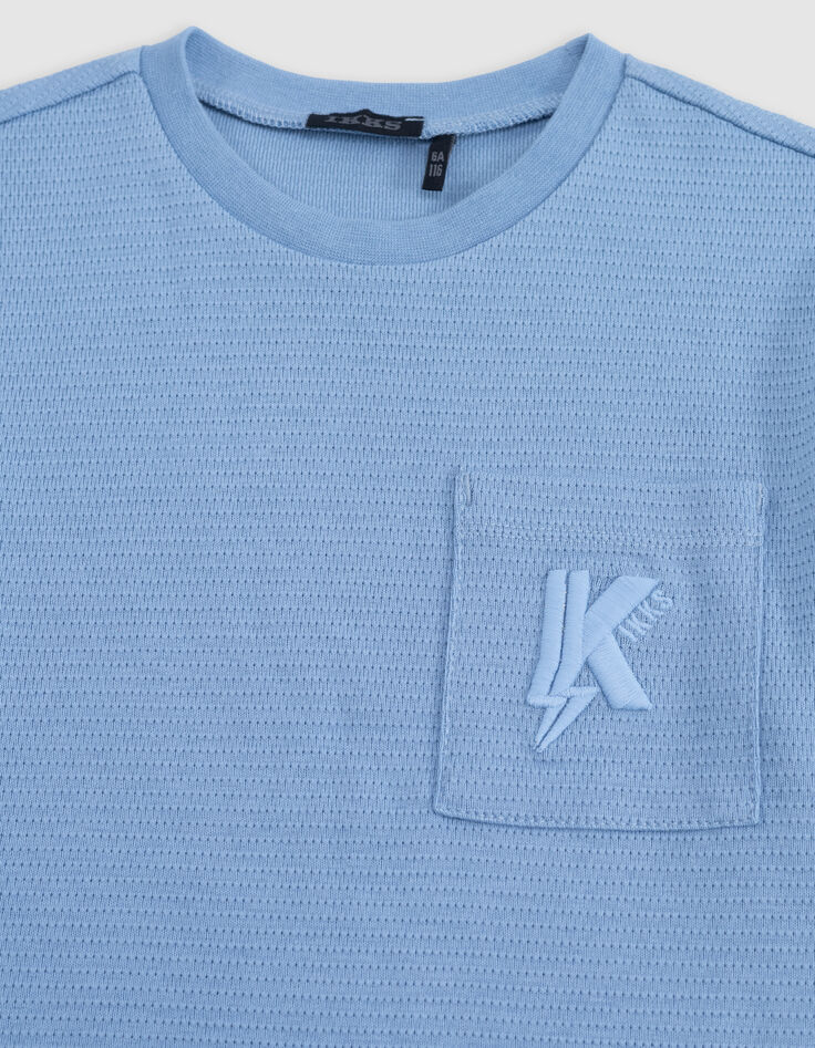 Blue jacquard boy's embroidered pocket T-shirt-4
