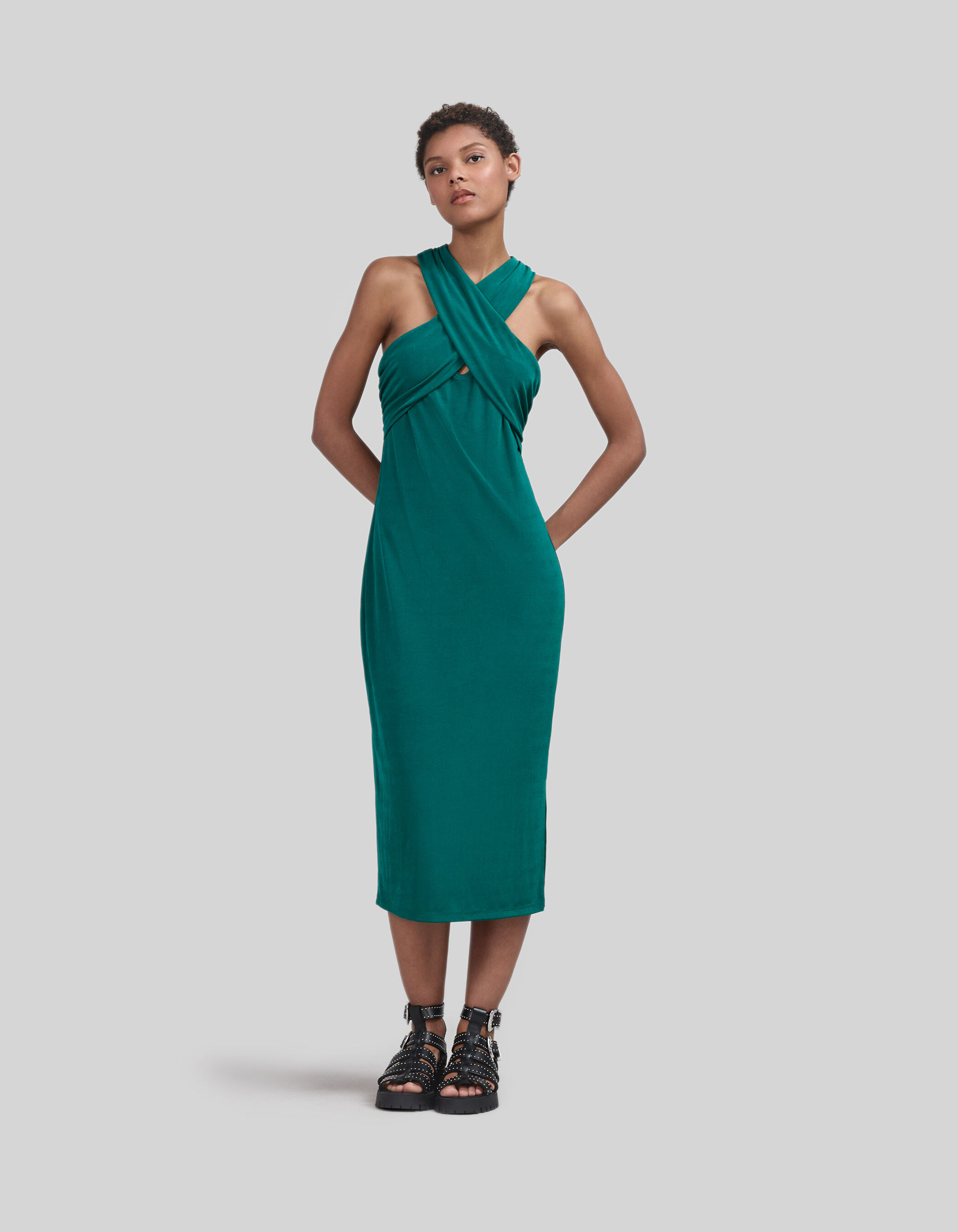 Robe midi emeraude croisee Femme IKKS