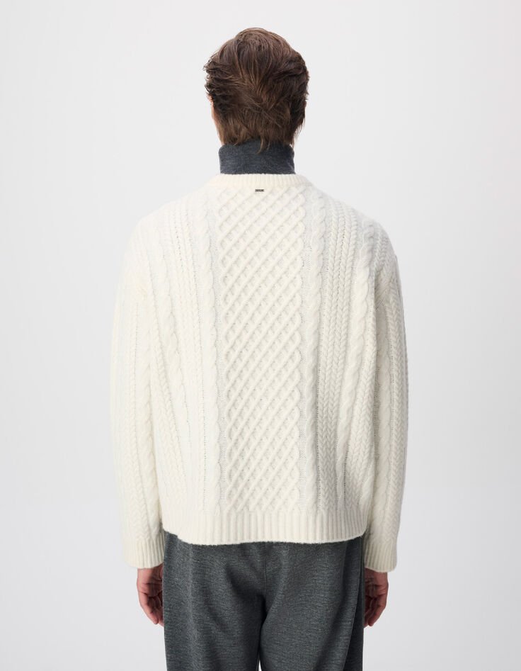 Men's White Crew-Neck Sweater with Cable Knit Pattern-3