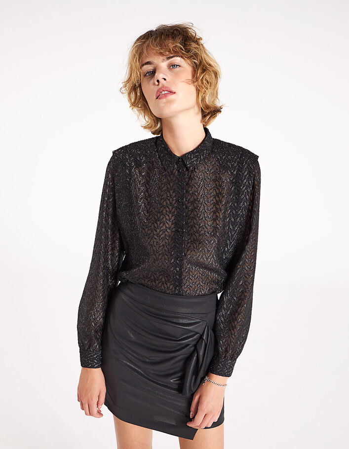 Camisa de gasa negra hilo cortado metalizado mujer-1