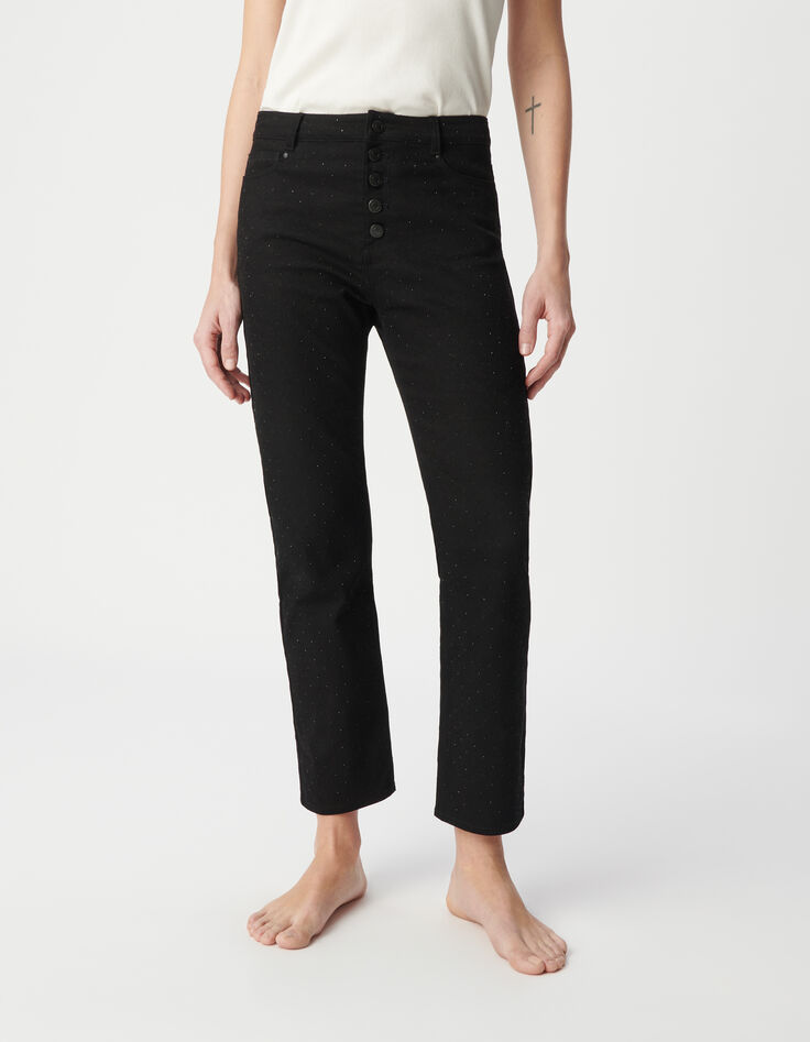 Schwarze, gerade geschnittene Damen-Jeans mit schwarzen Strasssteinverzierungen-3