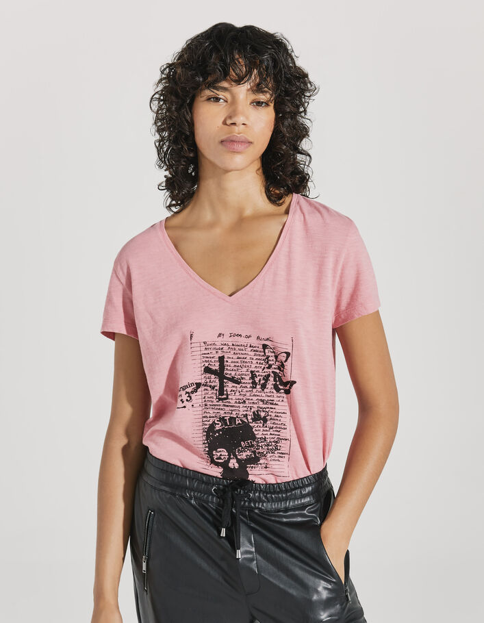 Tee-shirt en coton bio rose visuel tête de mort femme - IKKS