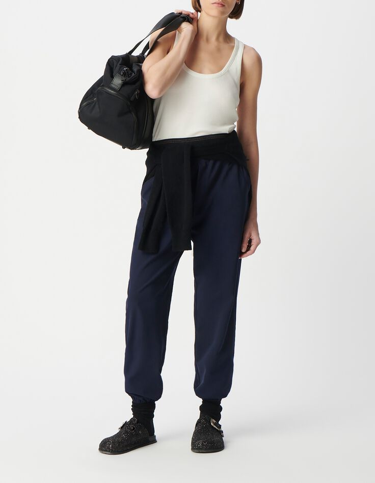 Pantal&oacute;n jogging azul marino de mujer con doble cintur&oacute;n-1