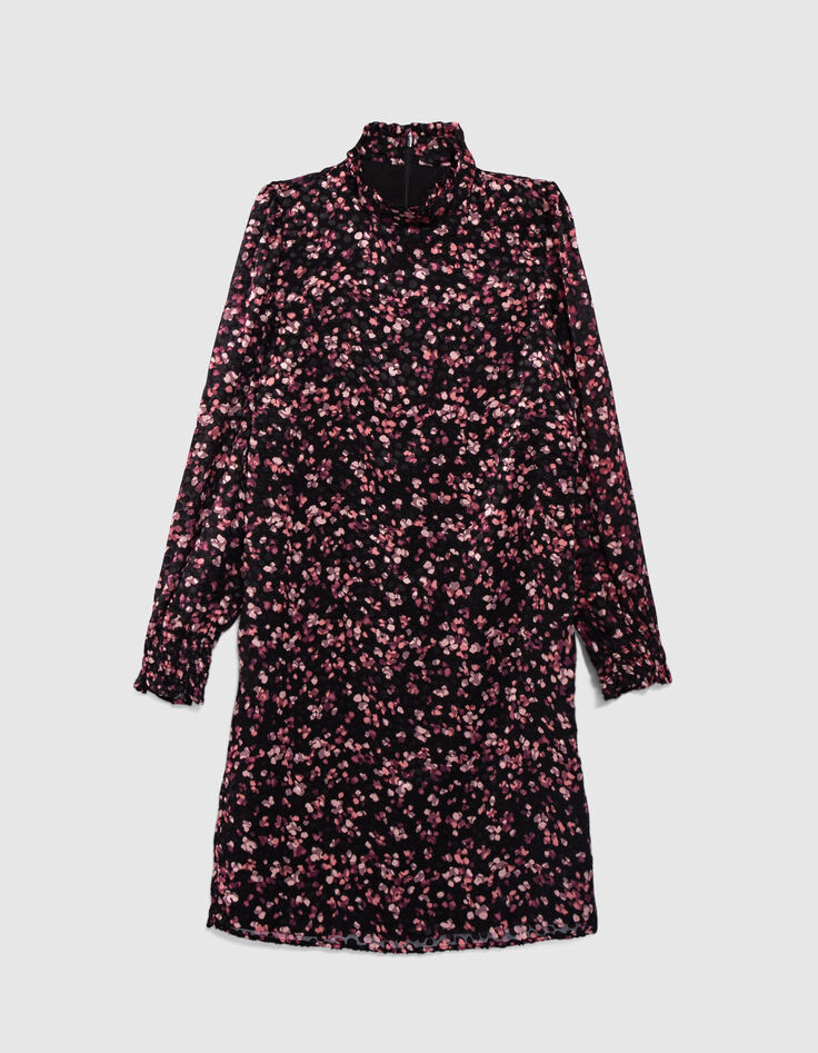 Women’s black short sheer dress with pink velvet print-6