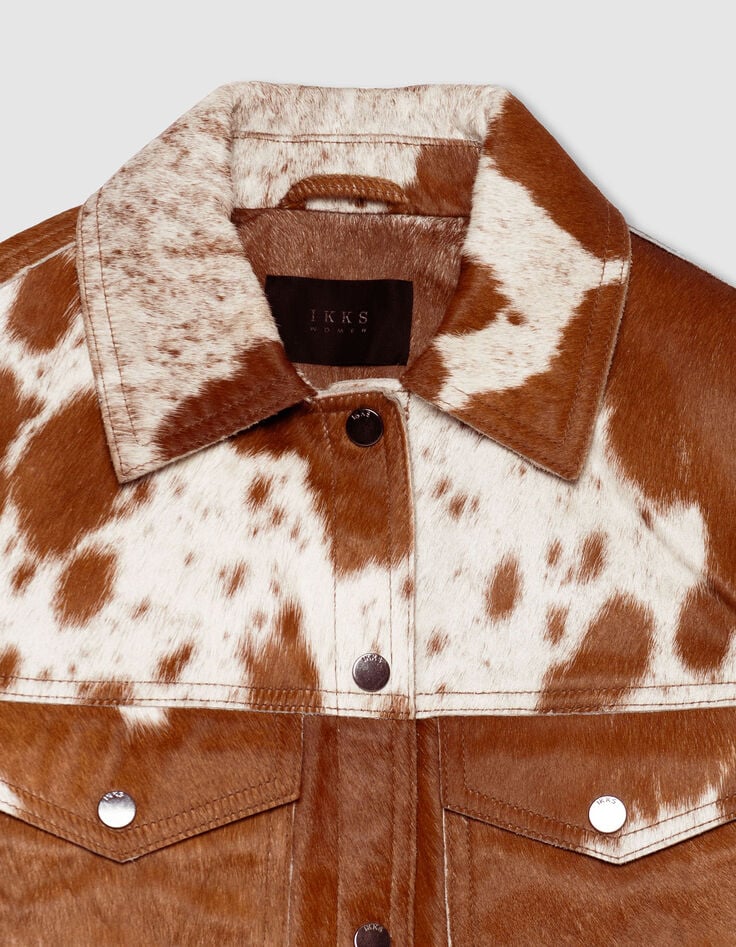 Veste courte en cuir marron motif vache Femme-7