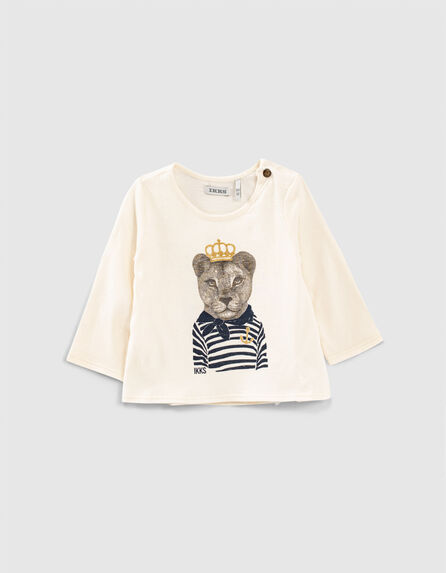 Ecru T-shirt bio opdruk leeuwin-matroos babymeisjes