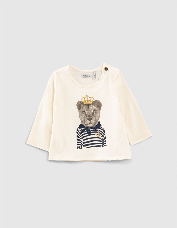T-shirt écru bio visuel lionne-marinière bébé fille-1