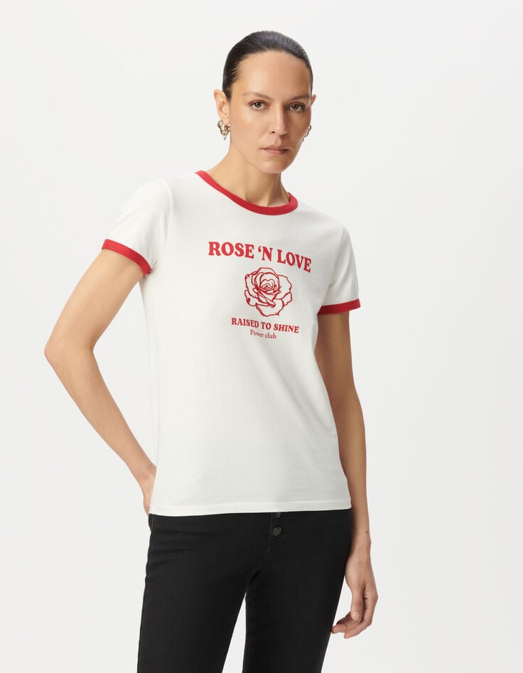 Tee-shirt blanc coton bio message et broderie rose Femme-2 Tee-shirt blanc coton bio message et broderie rose Femme-2