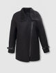 Manteau en mix laine noir col destrutcuré faux cuir femme-1