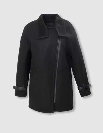 Manteau en mix laine noir col destrutcuré faux cuir femme - IKKS