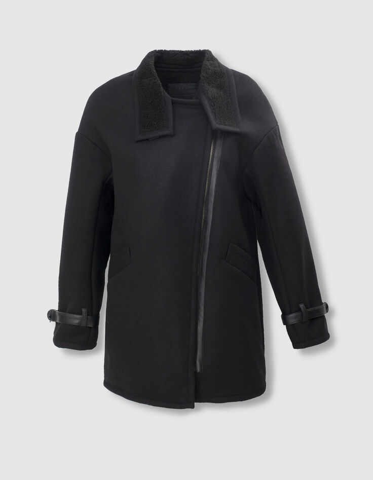 Manteau en mix laine noir col destrutcuré faux cuir femme-1