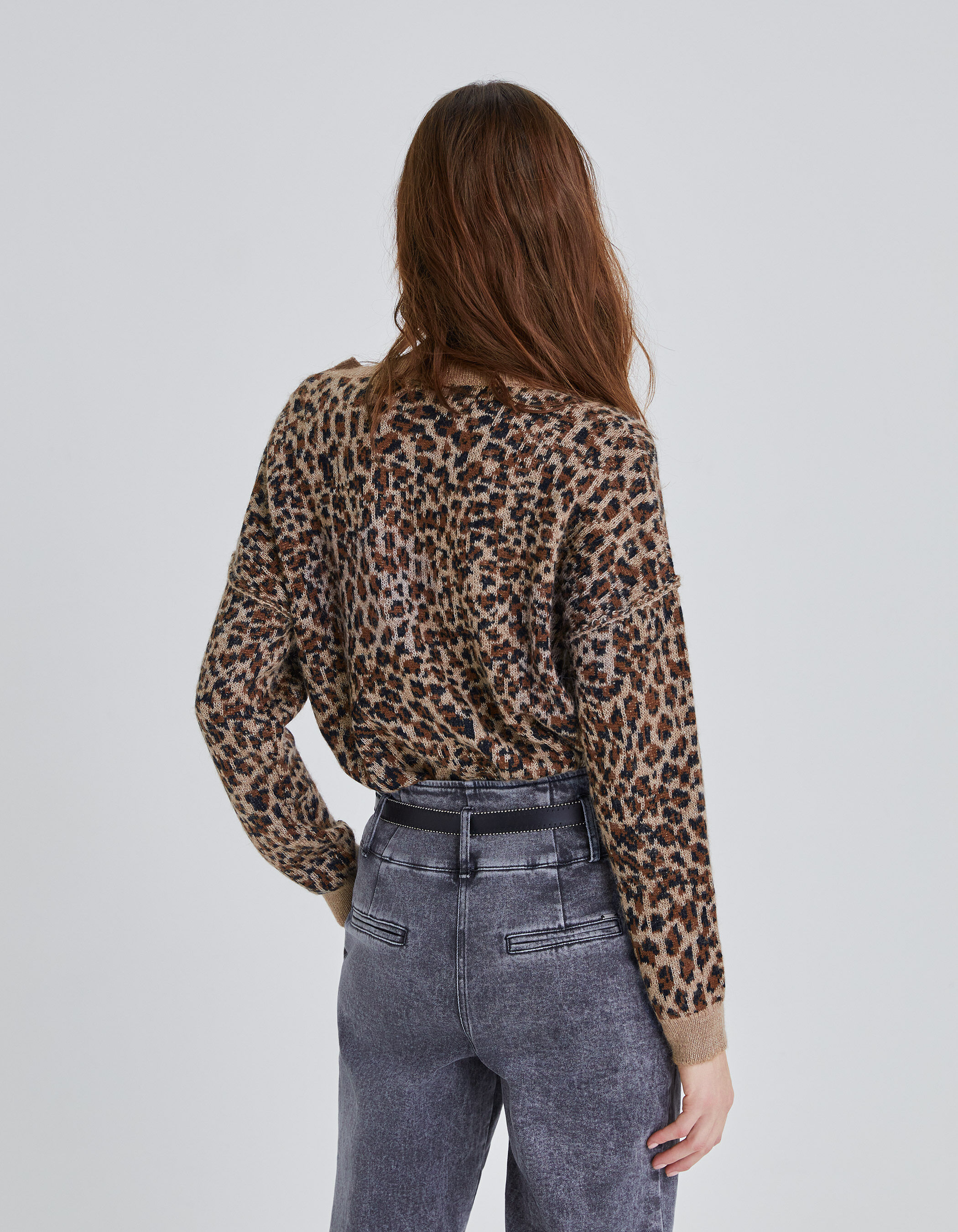 Pull cognac tricot jacquard motif l opard Femme