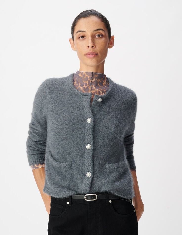 Cardigan gris tricot mousseux 100% laine Femme-2