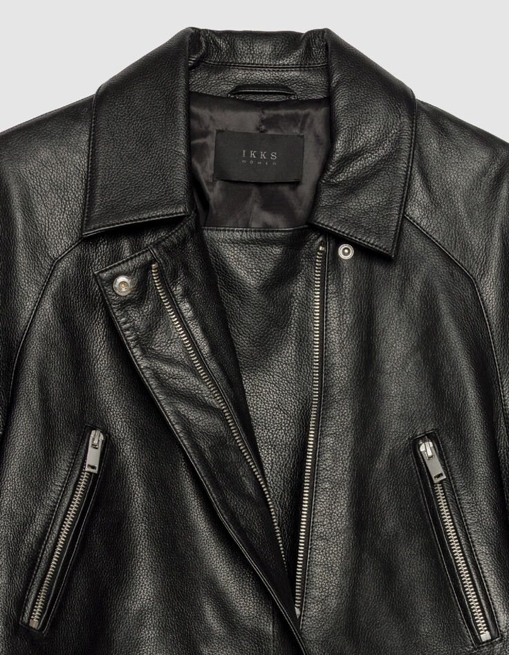 Blouson noir oversize cuir grain&eacute; esprit motard Femme-8