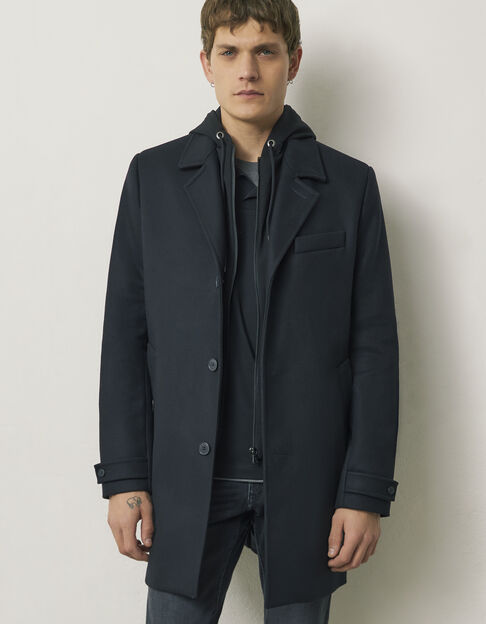 Men’s black coat with sweatshirt fabric hooded facing