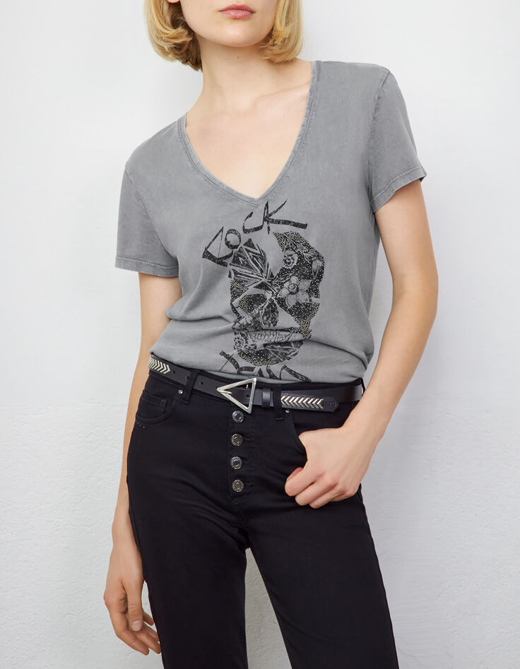 Tee-shirt coton bio gris visuel tête de mort perles femme-1