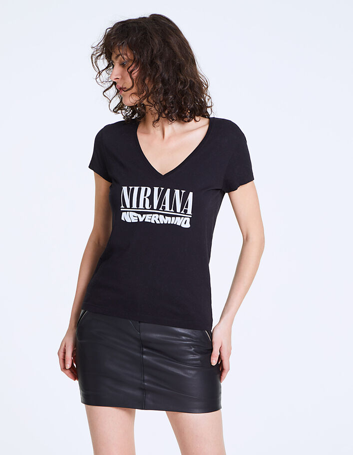 Camiseta negra de algodón modal visual Nirvana mujer - IKKS