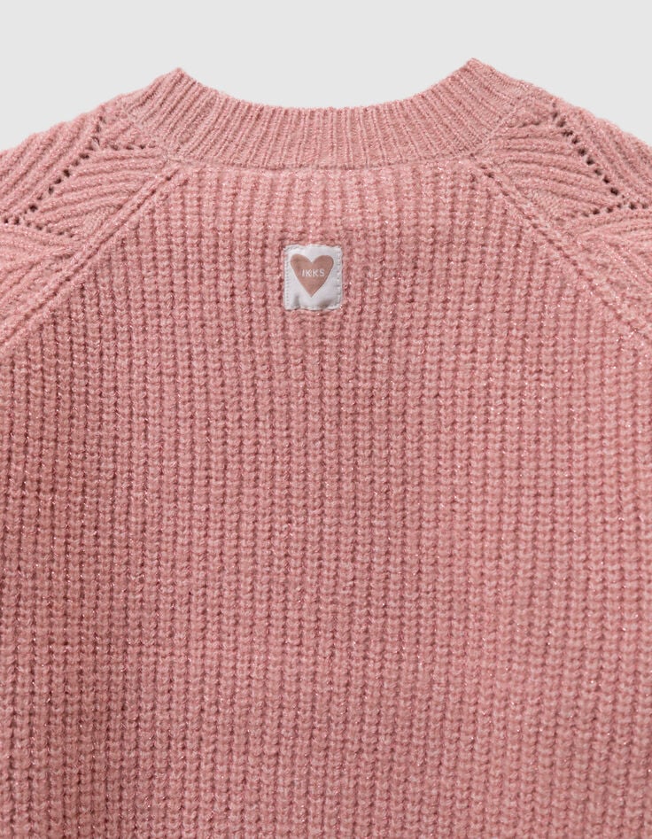 Girls’ pink knit sweater with jacquard sleeves-8 Girls’ pink knit sweater with jacquard sleeves-8