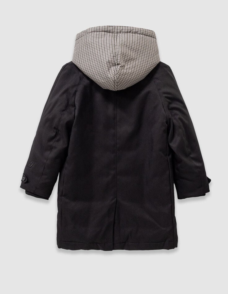 Boys’ black trench coat with check hood facing-3 Boys’ black trench coat with check hood facing-3