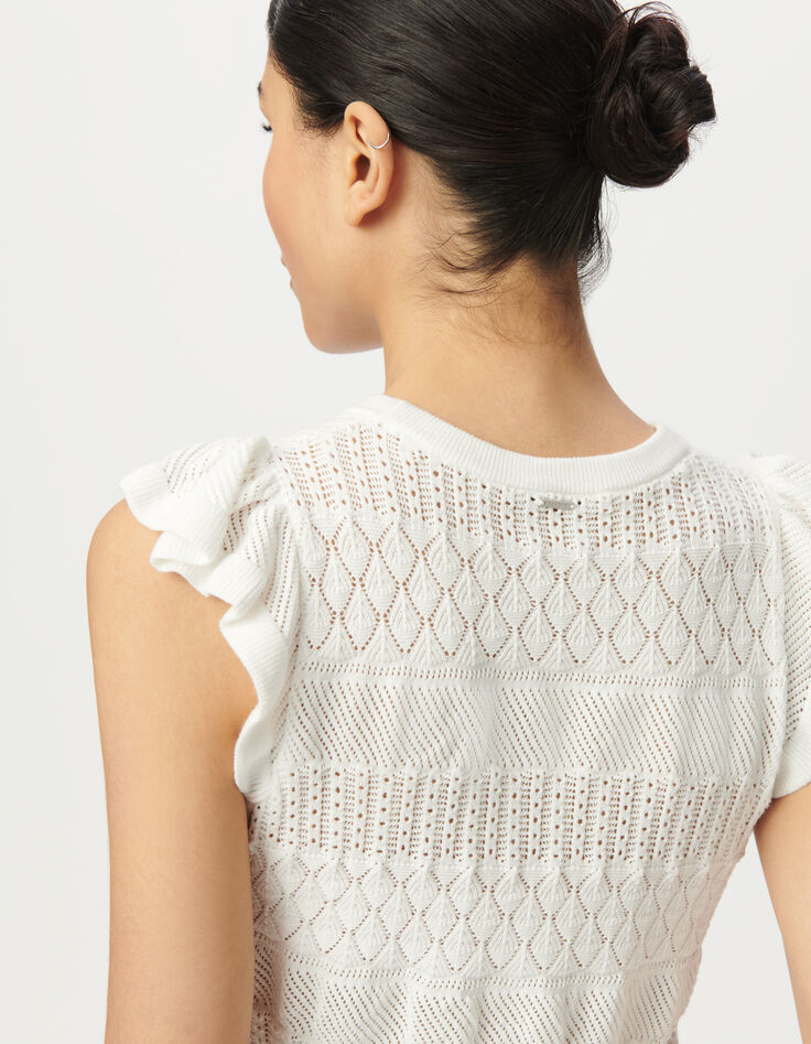 Witte korte mouwloze trui fantasietricot Dames-5 Witte korte mouwloze trui fantasietricot Dames-5