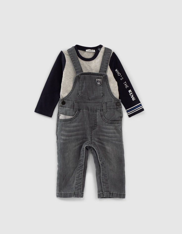 Baby boys' grey dungarees and two-tone T-shirt outfit-1