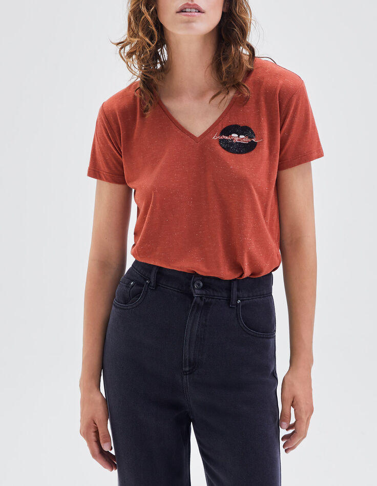 Damen-T-Shirt mit Glitzermund und Stickerei-1