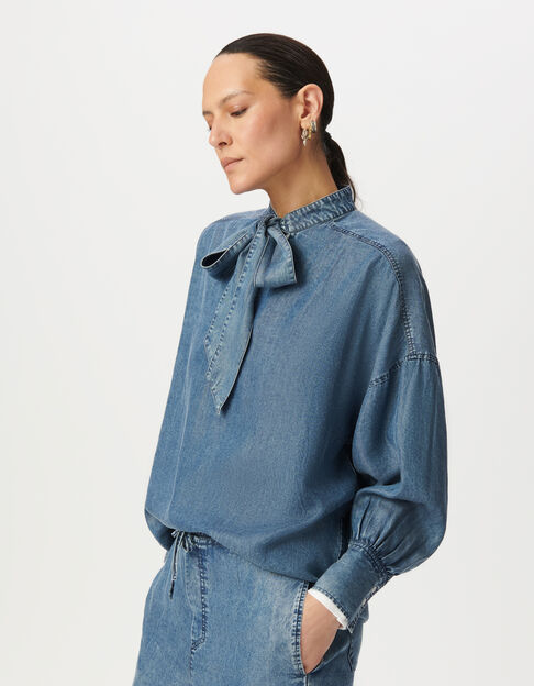 Blouse à lavallière bleue en Lyocell® fluide Femme - IKKS