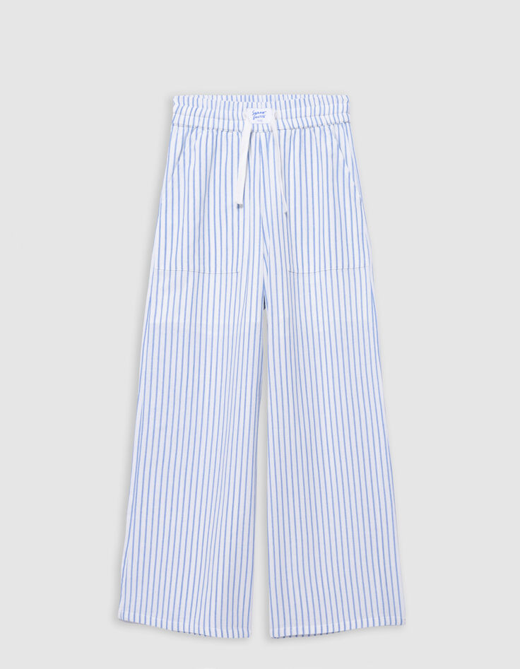 Pantalon LARGE blanc rayures bleues fille-4