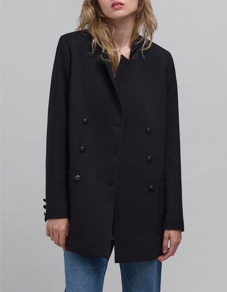Women's black pea jacket with closed tailoring collar-9