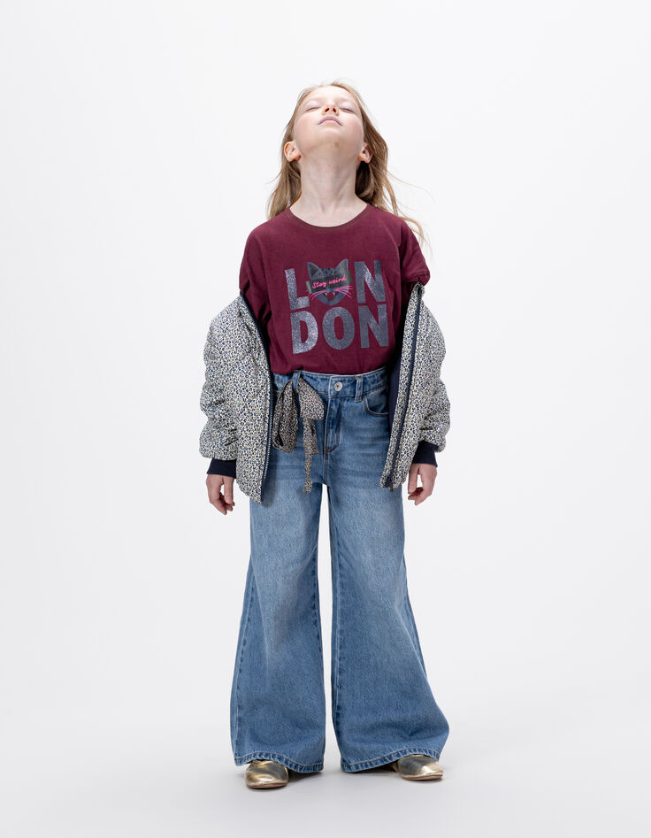 Bordeaux T-shirt biokatoen tekst en poes meisjes-4